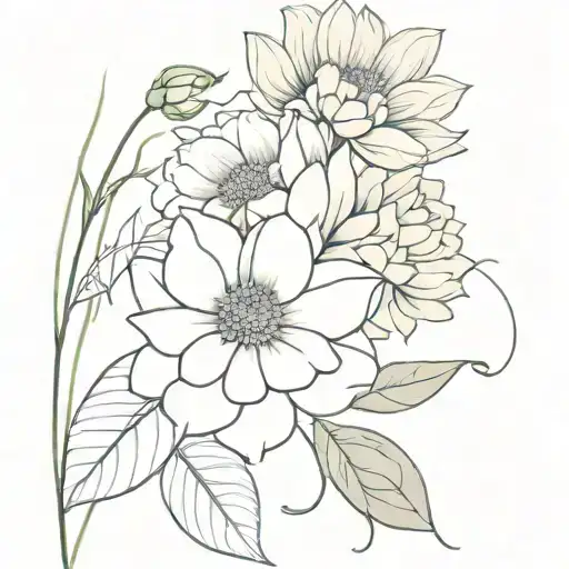 sunflower + wheat + snapdragon flowers + roses + hydrangeas + purslane flowers + peonies tattoo design idea