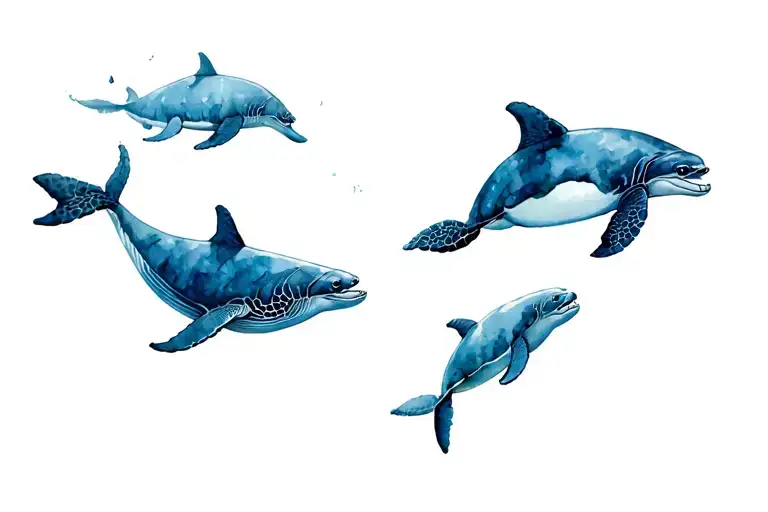 whale, dolphin, turtle swimming gracefully tattoo design idea