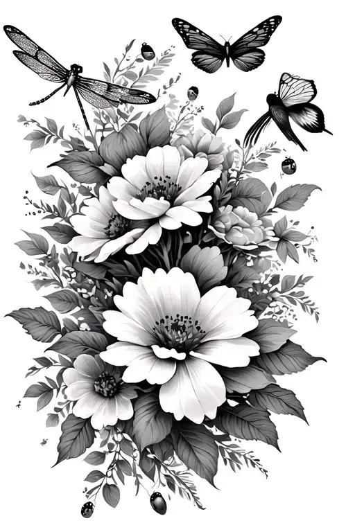 upper half of arm sleeve of flowers with dragonflies and butterflies and lady bugs with some small birds  tattoo design idea