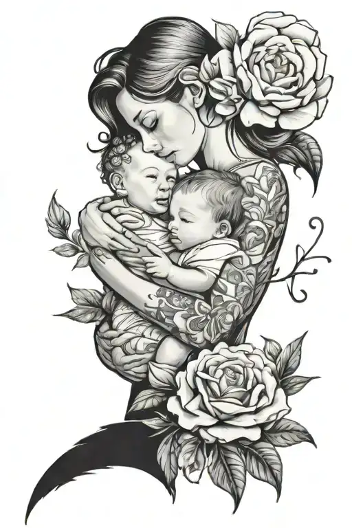 mom holding baby boy flowers around them tattoo design idea