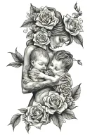 mom holding baby boy flowers around them tattoo design idea