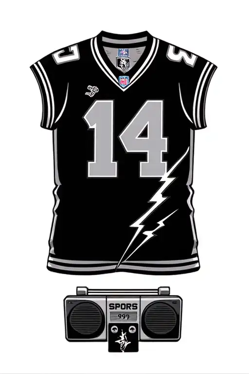 95 lightning bolt, radio and drumsticks, a football shirt with the number 14, a quote, the spurs logo tattoo design idea