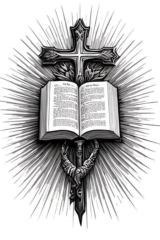 Theme: “Armor of God”Key imagery: open Bible (with faint, unreadable text marks), cross hidden in the light rays above  tattoo design idea