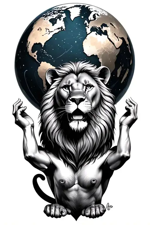 lion Atlas with human body holding up the world tattoo design idea