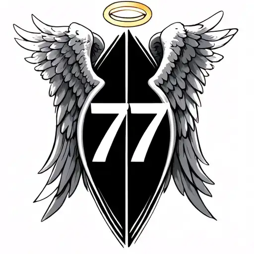 angel wings with a halo with the number 77 tattoo design idea