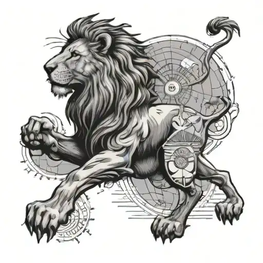 Lion standing in front of the sun on the map tattoo design idea