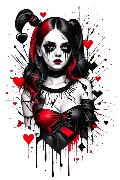 Mystical and chaotic feminine tattoo: Wednesday Addams with black ethereal tears, Harley Quinn with hearts and geometric tattoo design idea