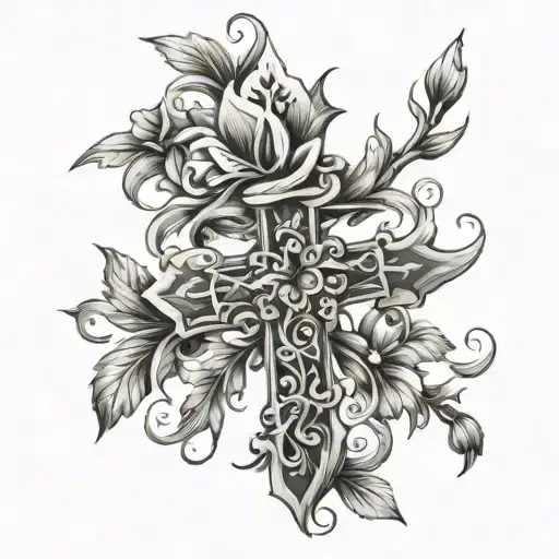 floral cross intertwined tattoo design idea