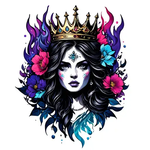tattoo women king crown powerful full body water leaf flame galaxy blue purple flame pink mystery witch strong flowers  tattoo design idea