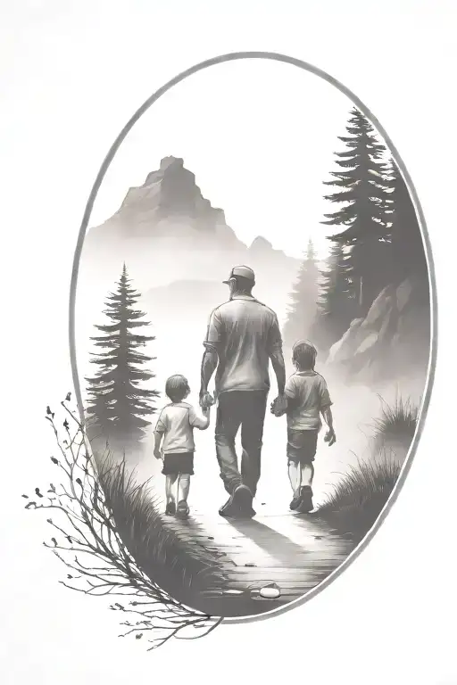 father in the middle holding hands with two small kids walking down the road with forest and cliffs in background tattoo design idea