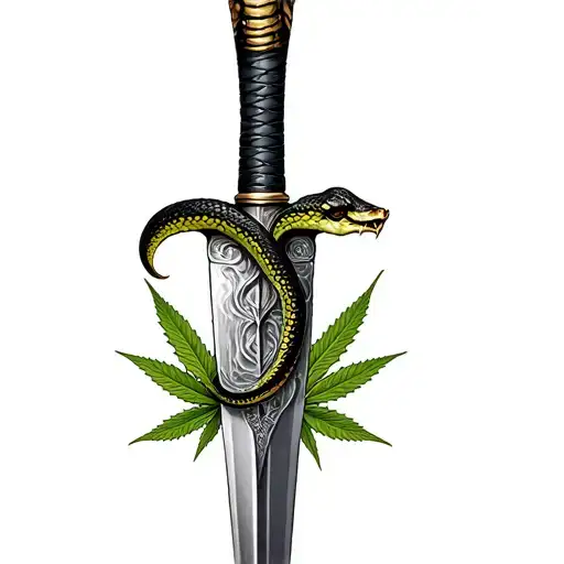 A dagger with a snake writhing in the background of marijuana leaves tattoo design idea