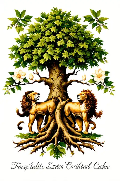 czech linden tree, roots, lion and two linden blossom as two children tattoo design idea