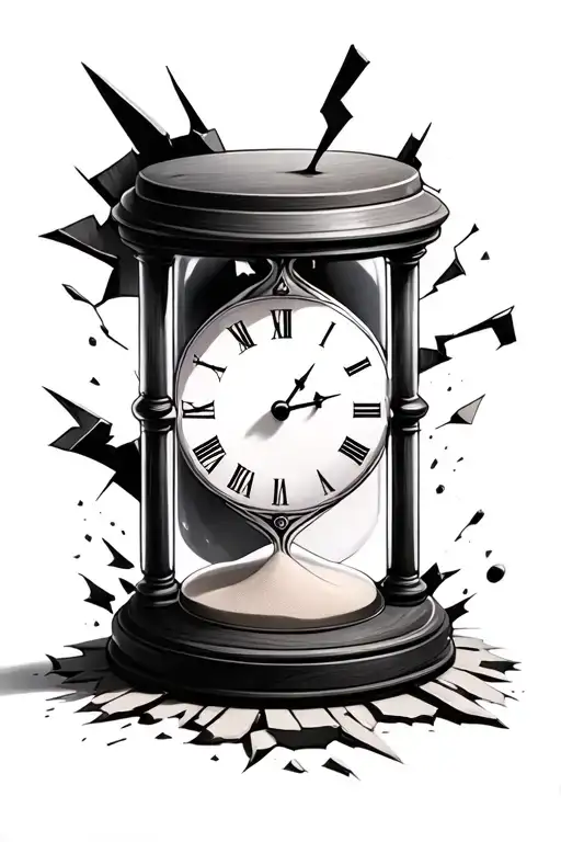 broken hour glass with sand  and broken wall clock with shadows tattoo design idea
