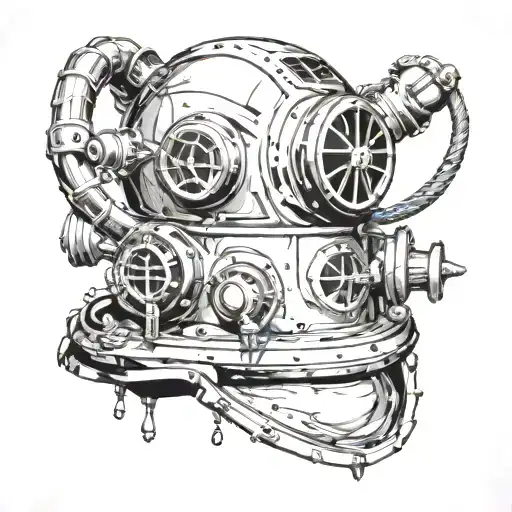 deep sea wreckage diving helmet tattoo design idea