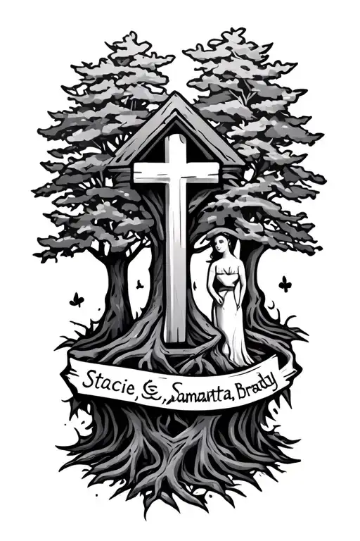 "Stacie, Samantha, Brady, " cross with tree base tattoo design idea
