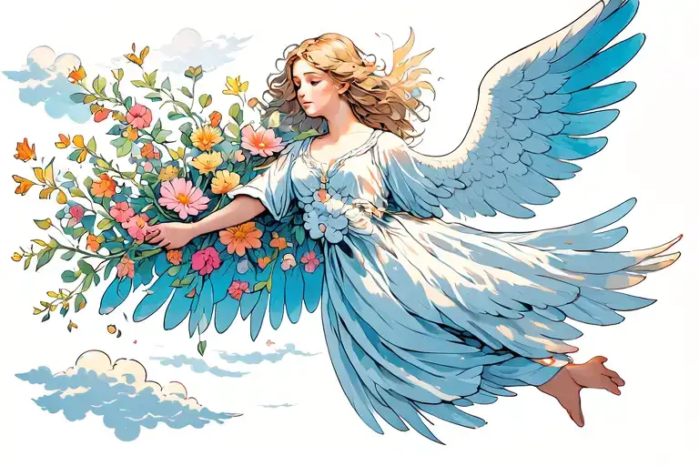flowers blossoming underneath a angel while she is flying horizontally with clouds above her head tattoo design idea