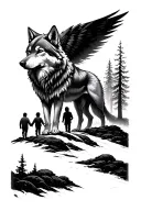 wolf spirit  in the sky overlooking a man holding hands with  two boys walking through the forest tattoo design idea