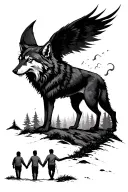 wolf spirit  in the sky overlooking a man holding hands with  two boys walking through the forest tattoo design idea