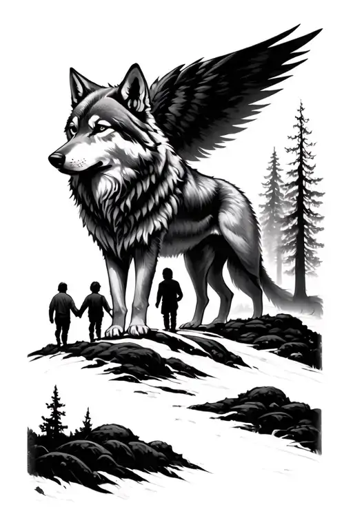 wolf spirit  in the sky overlooking a man holding hands with  two boys walking through the forest tattoo design idea