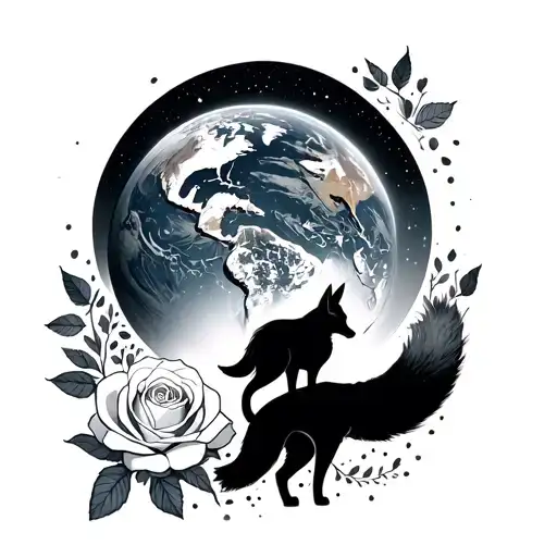 Planet earth, a man seen from back and a fox seen from back, a rose, reduce the star sky tattoo design idea