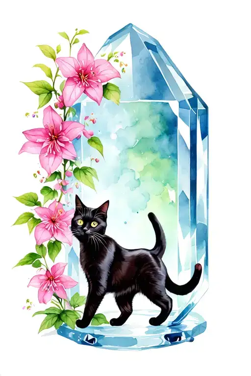 Lifelike Black cat walking out of a crystal forward stepping onto some pink clematis tattoo design idea