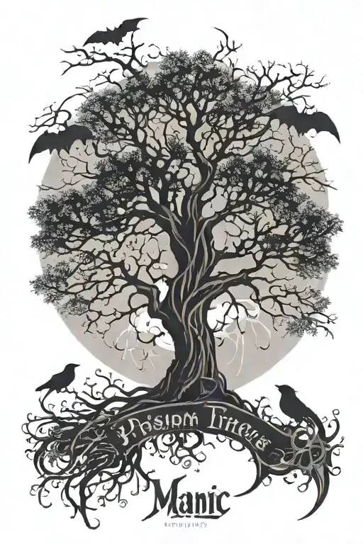 A poison tree silhouette with no leaves. rootswith bats flying across and the word "manic" in arabic lettering under it. tattoo design idea