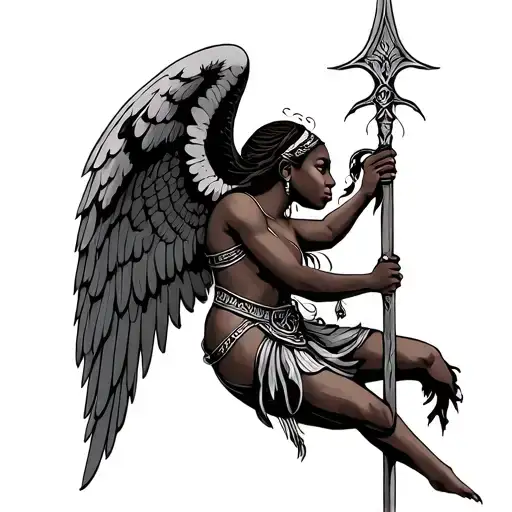 African angel holding a spear tattoo design idea