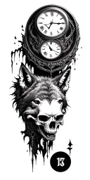 skull time clock wolf tattoo design idea
