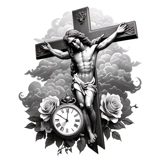 clouds with Jesus cross with roses and a time clock  tattoo design idea