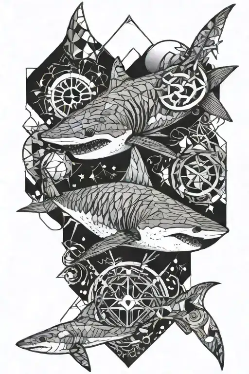 from wrist to elbow with an oceanic and very geometric theme, with shark and reef ornaments. tattoo design idea