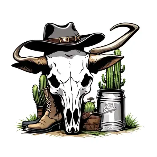 Texas longhorn skull, Alamo, cactus, boots, cowboy hat, milk can tattoo design idea