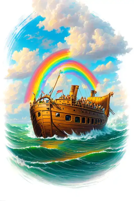 Noah's Ark in the flood with a rainbow tattoo design idea