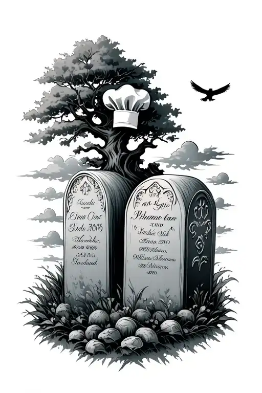  two tombstones, one with a chef hat on top of a tombstone, with a tree line, and clouds with a bird in the sky tattoo design idea