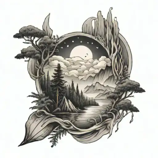 ocean, forest, mountain, north star tattoo design idea