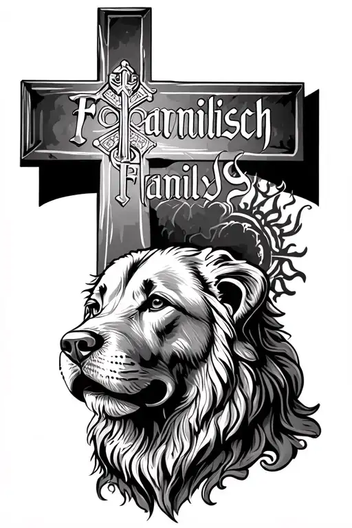 Cross with Cologne Cathedral, a lion head, a Labrador, lettering Famillisch tattoo design idea