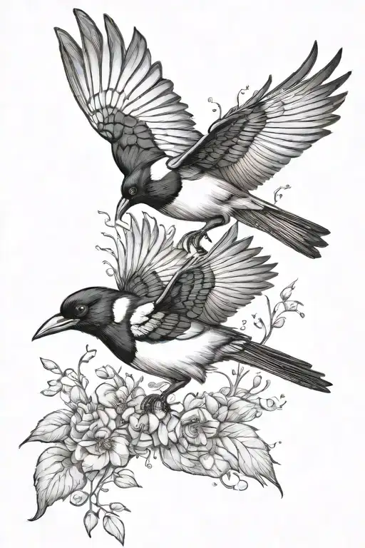 two magpies rough sketch flying black grey tattoo no background tattoo design idea