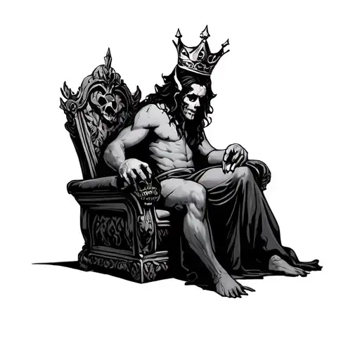 Hi beautiful kid you can generate me a tattoo with the devil with a crown seated on a throne with a skull in hand tattoo design idea
