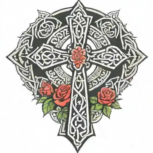 celtic cross, roses, tribal pattern incorporating elements tattoo design idea