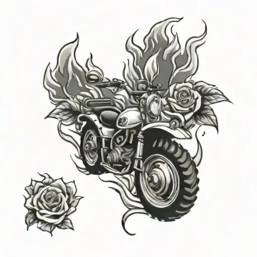 A four-wheeler in the style of a vintage tattoo design, surrounded by flames and roses, showcasing your love for adventure and classic Americana imagery tattoo design idea