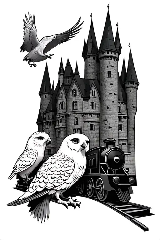 Harry Potter hogwarts castle with Train and Hedwig  tattoo design idea