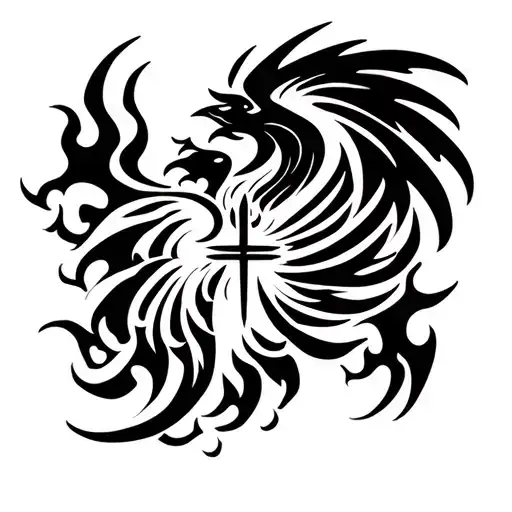 Phoenix rising from flames with cross tattoo design idea
