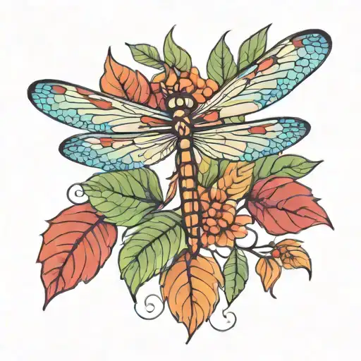 tender dragonfly with leaves, strong colors, simple tattoo design idea