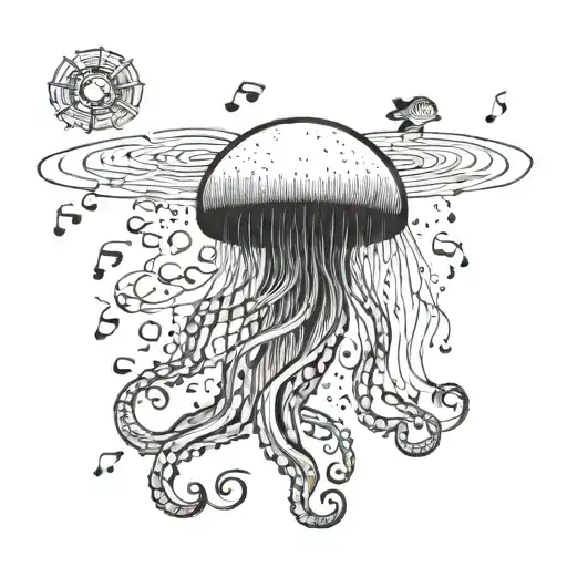 Illustrate a jellyfish made of musical notes floating among a coral reef with exotic sea creatures tattoo design idea