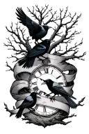 night sky filler, crows, tree branch, time, ribbon tattoo design idea