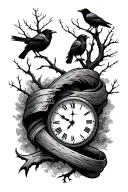 night sky filler, crows, tree branch, time, ribbon tattoo design idea