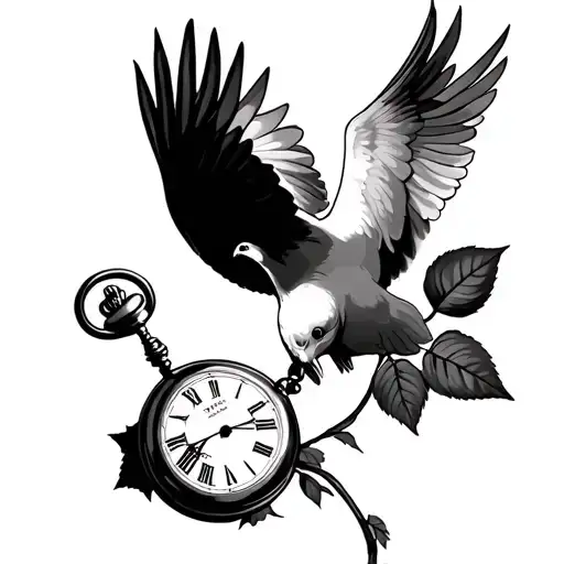 On a soaring dove’s back, an open rose cradles a pocket watch, unfolding with time tattoo design idea