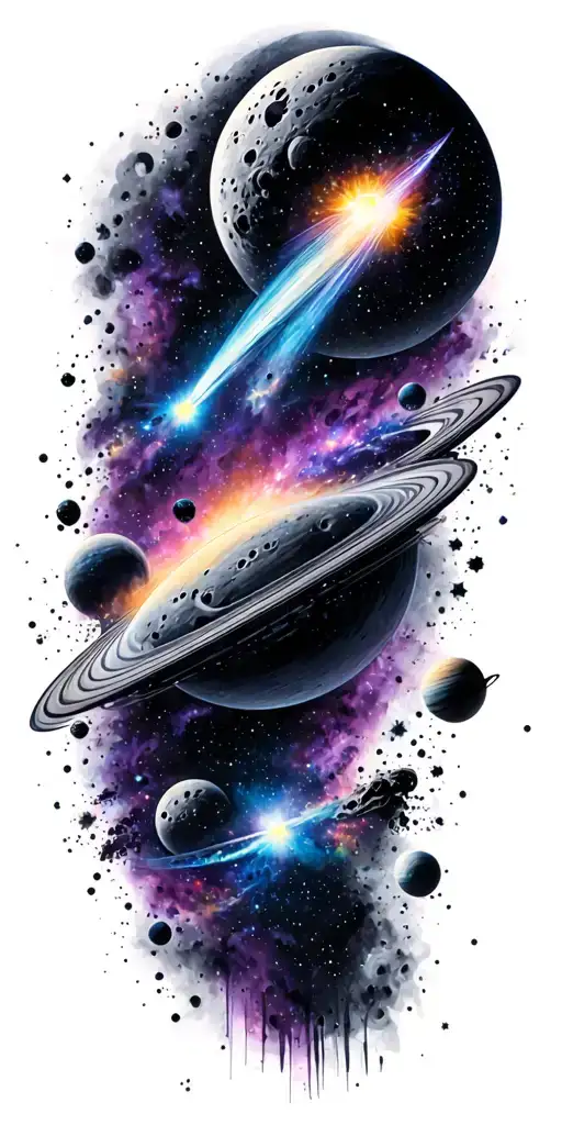 outer space black and grey craters and galaxies with black and grey and purple and colorful comets, stars, all planets  tattoo design idea