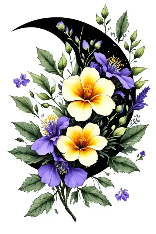 evening primrose, campanula, and balsam in the shape of a crescent moon tattoo design idea