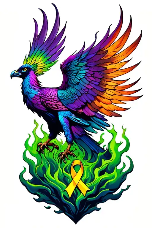 phoenix rising from ashes, green and purple flames, small yellow cancer ribbon, phoenix looking up tattoo design idea
