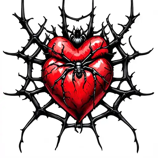 kneecap tatto red heart outline in a red spider web add black and white thorns at top and bottom add a small spider tattoo design idea